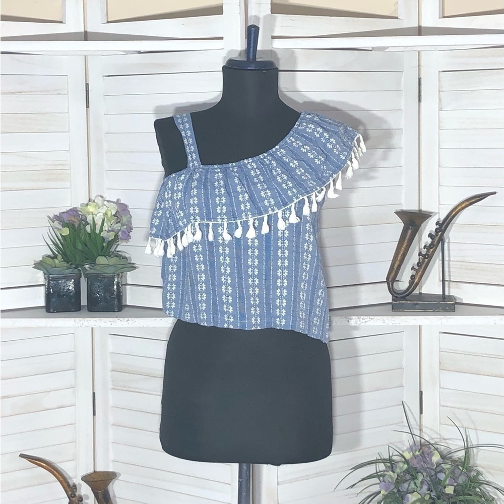 Vintage Y2K Embroidered Cropped Top Boho Blue White Size S